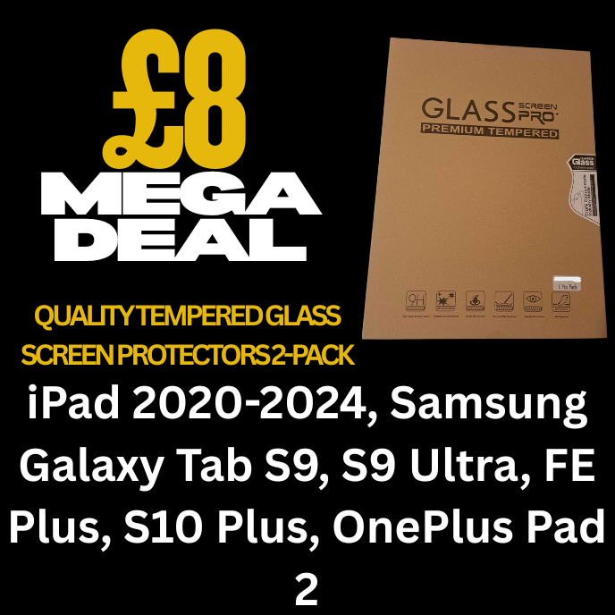 £8 Mega Deal on Quality Tempered Glass Screen Protectors - Tech Accessories Tempered glass screen protectors 2-pack for iPad 2020-2024 and Samsung Galaxy devices.